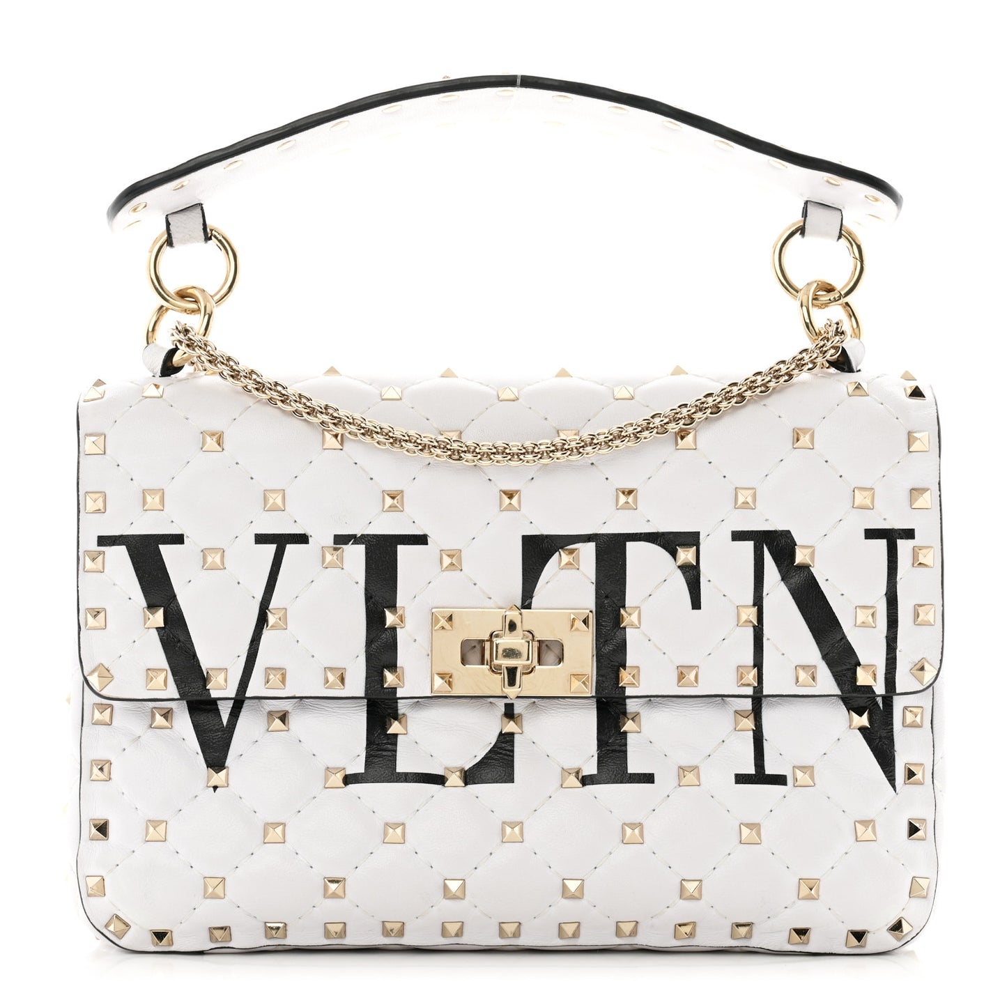 Lambskin VLTN Print Medium Rockstud Spike Shoulder Bag Optic White Black
