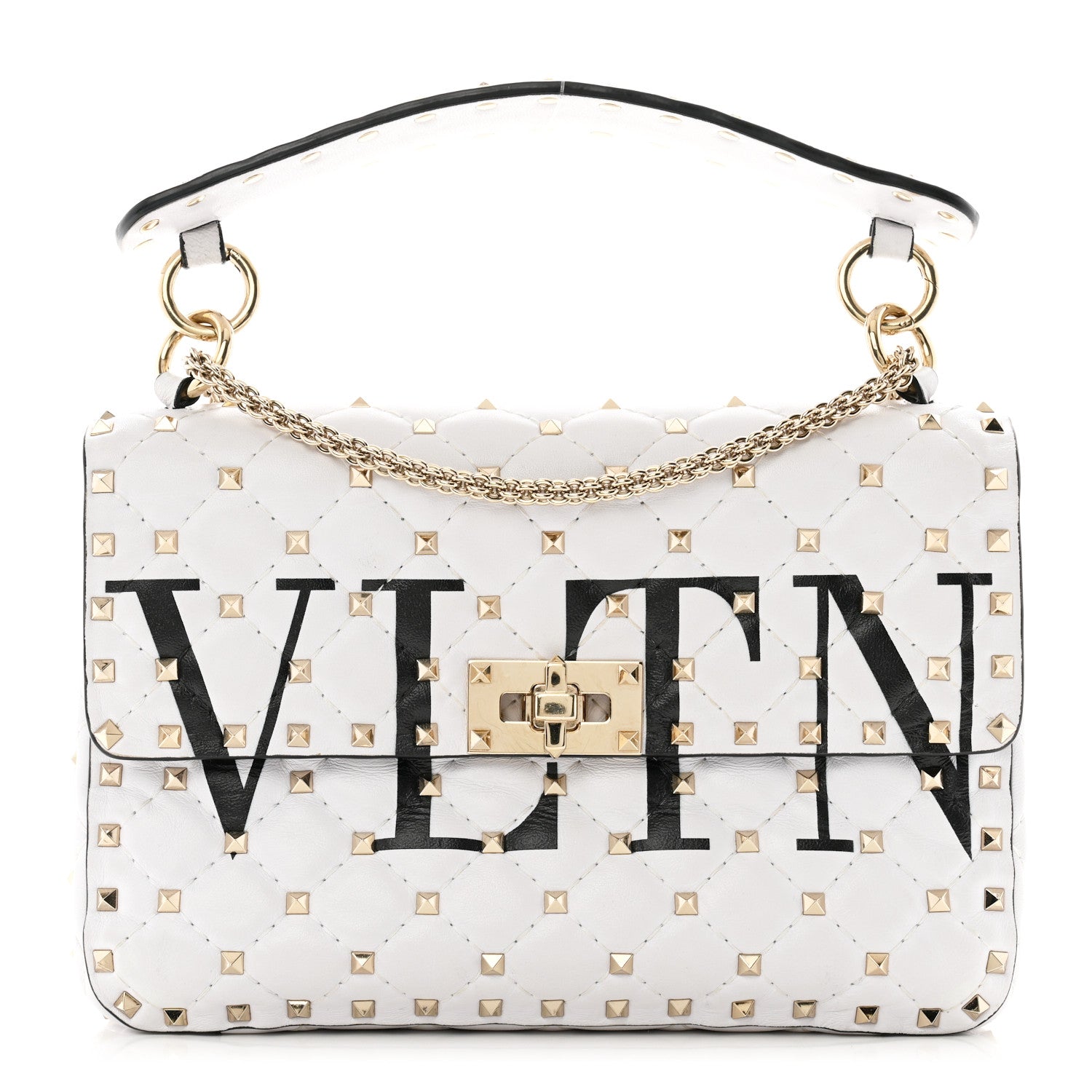 Valentino Garavani Lambskin VLTN Print Medium Rockstud Spike Shoulder Bag Optic White Black 1 of 14