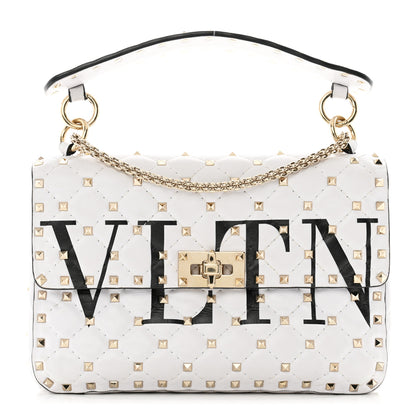 Valentino Garavani Lambskin VLTN Print Medium Rockstud Spike Shoulder Bag Optic White Black 1 of 14