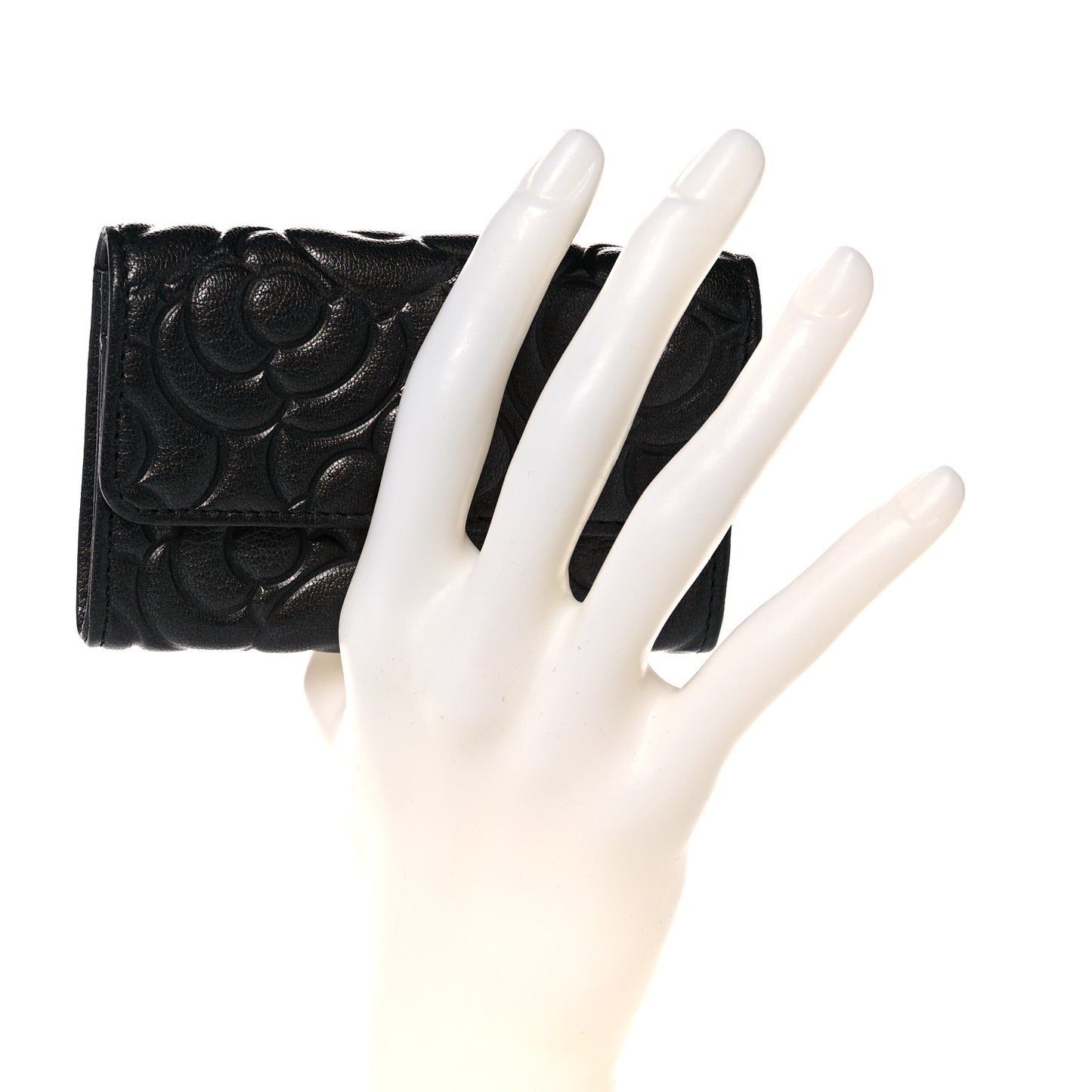 Goatskin Camellia Embossed Flap Card Holder Wallet Grey