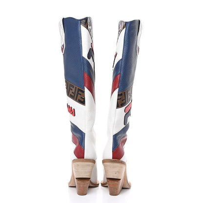 Fendi X FILA Grained Calfskin Mania FF 1974 Embossed Cutwalk Tall Boots 37 Ice Blueberry Red 5 of 12