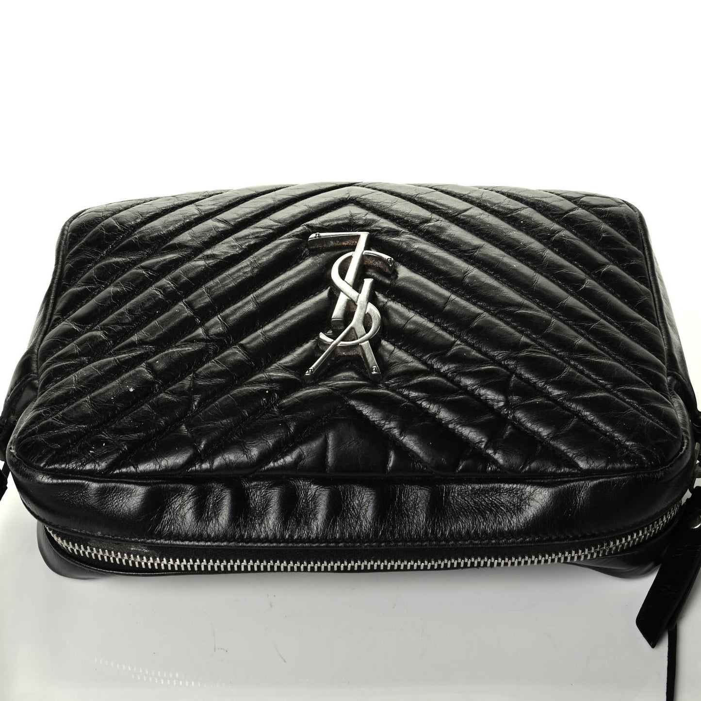 Cracked Shiny Calfskin Matelasse Monogram Lou Camera Bag Black