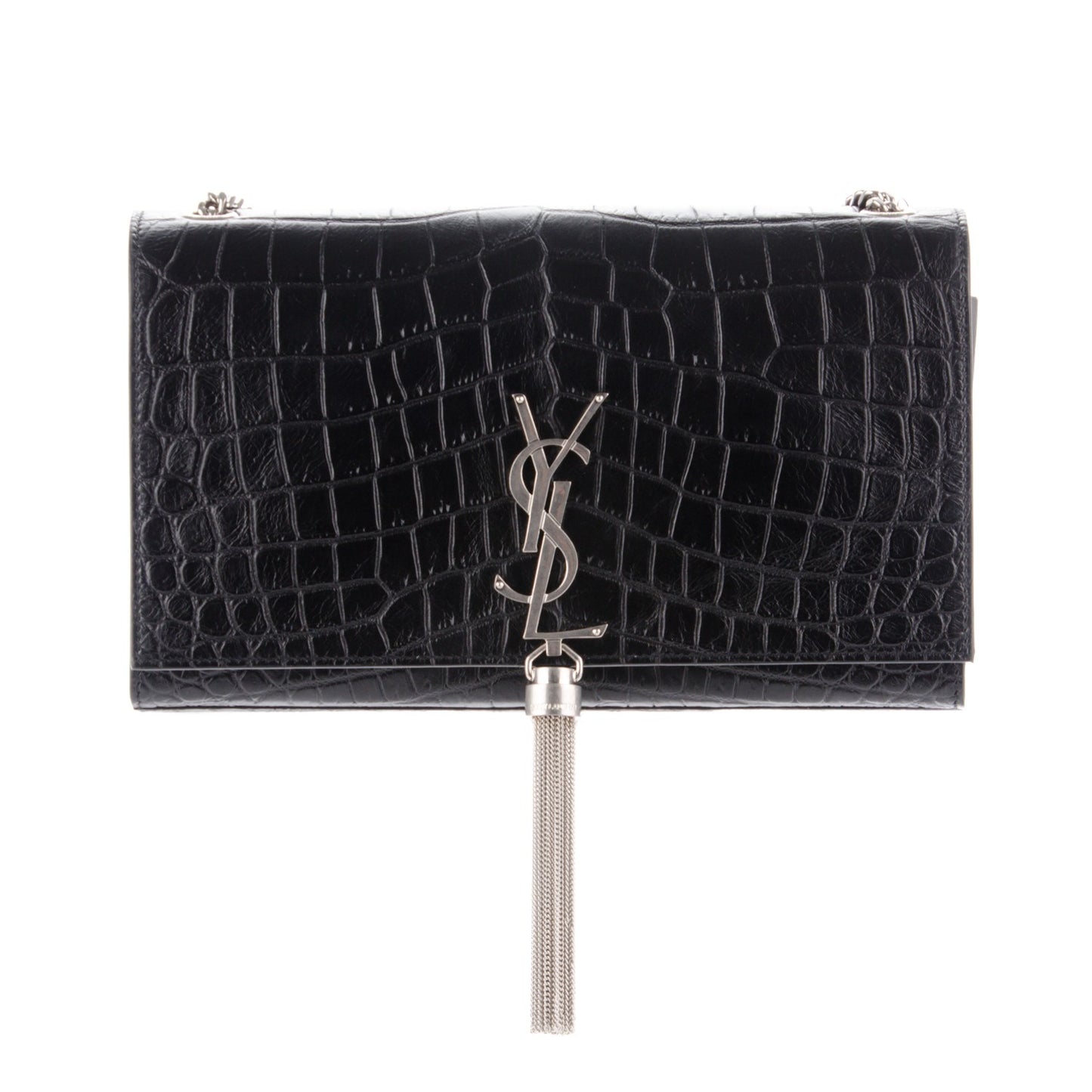 Calfskin Crocodile Embossed Medium Classic Monogram Kate Tassel Satchel Black