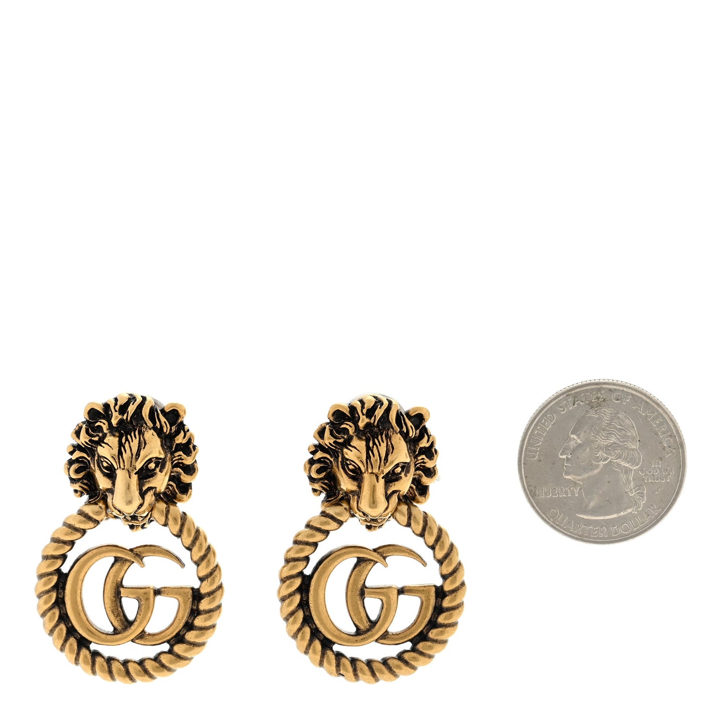 Metal Double G Lion Head Clip On Earrings Aged Gold