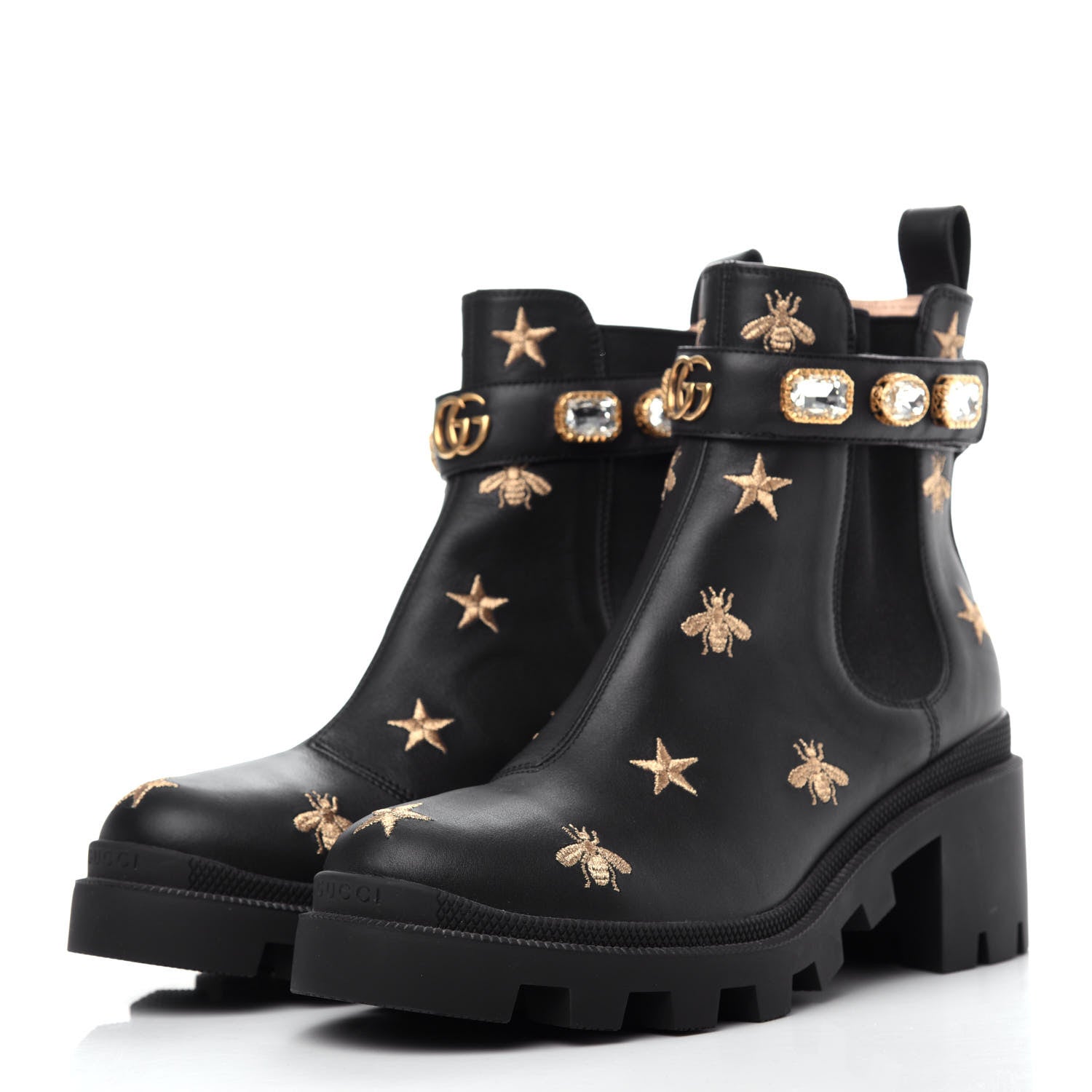 Gucci Calfskin Bee Star Embroidered Belt Ankle Boots 39.5