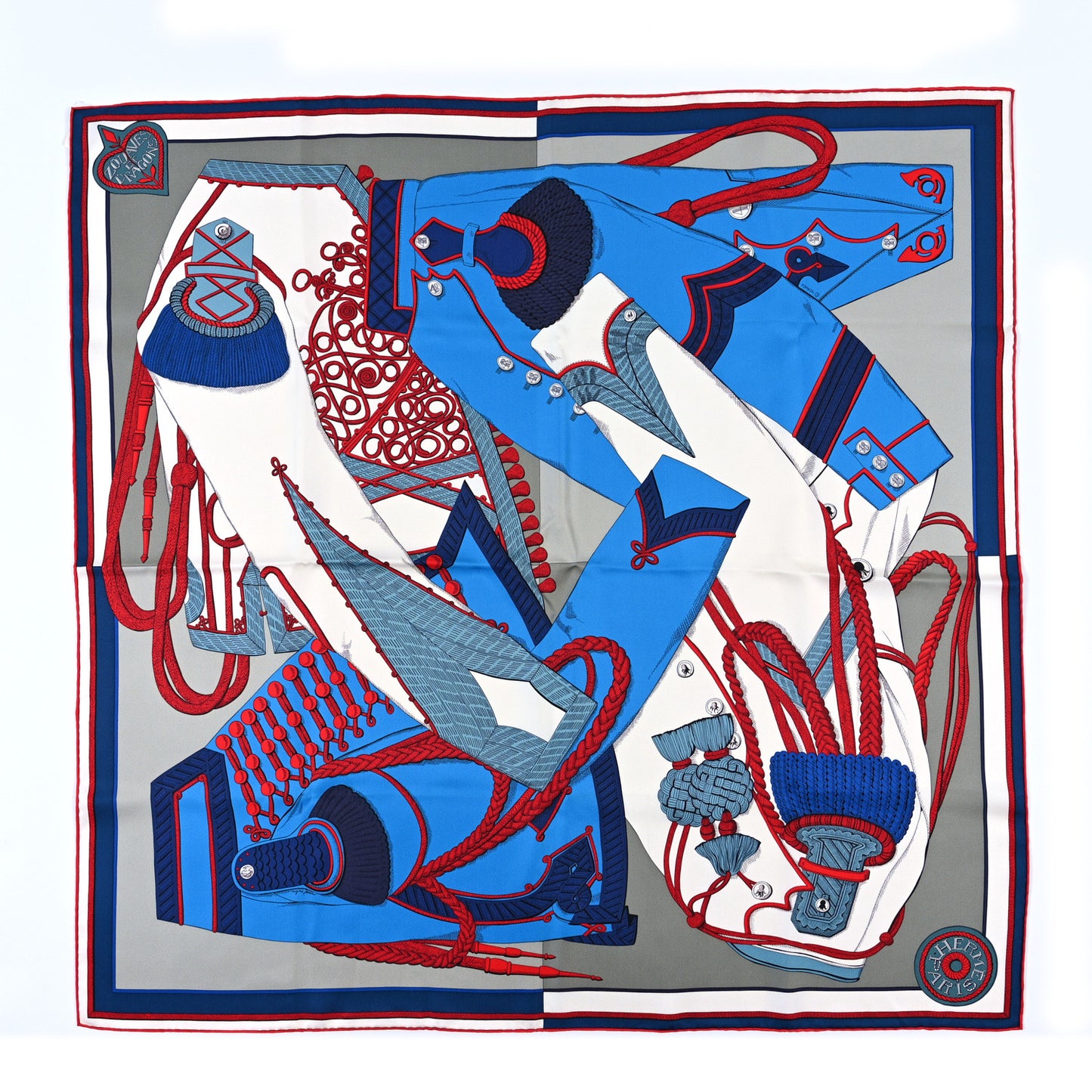 Silk Zouaves Et Dragons Scarf 90 Gris Bleu Cobalt