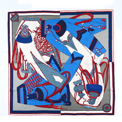 Hermes Silk Zouaves Et Dragons Scarf 90 Gris Bleu Cobalt 1 of 3