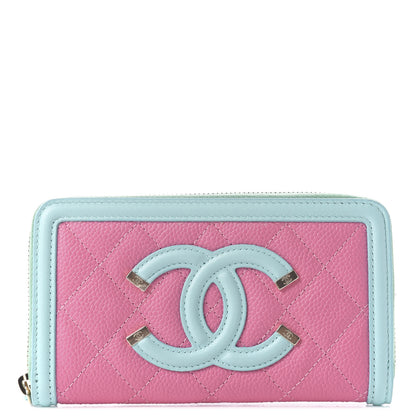 Chanel Caviar Quilted Medium Filigree Zip Around Wallet Pink Blue Green 1 of 9