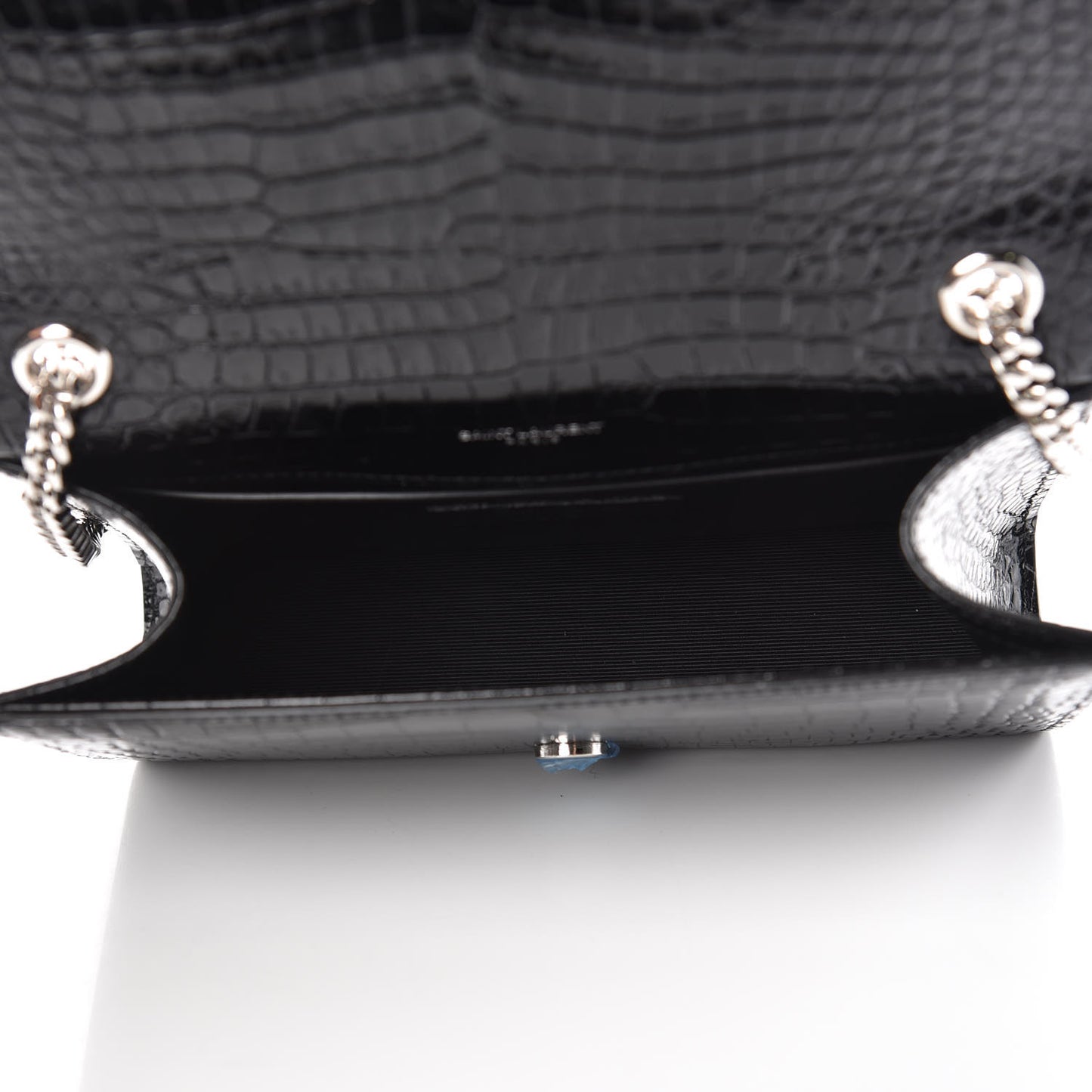 Calfskin Crocodile Embossed Small Classic Monogram Kate Tassel Satchel Black