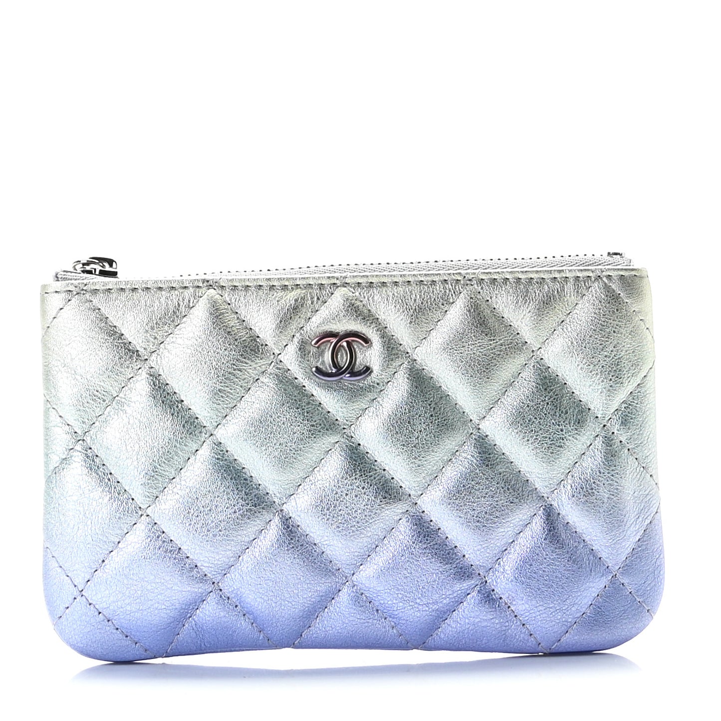 Gradient Metallic Calfskin Quilted Small Cosmetic Pouch Silver Blue Yellow Purple