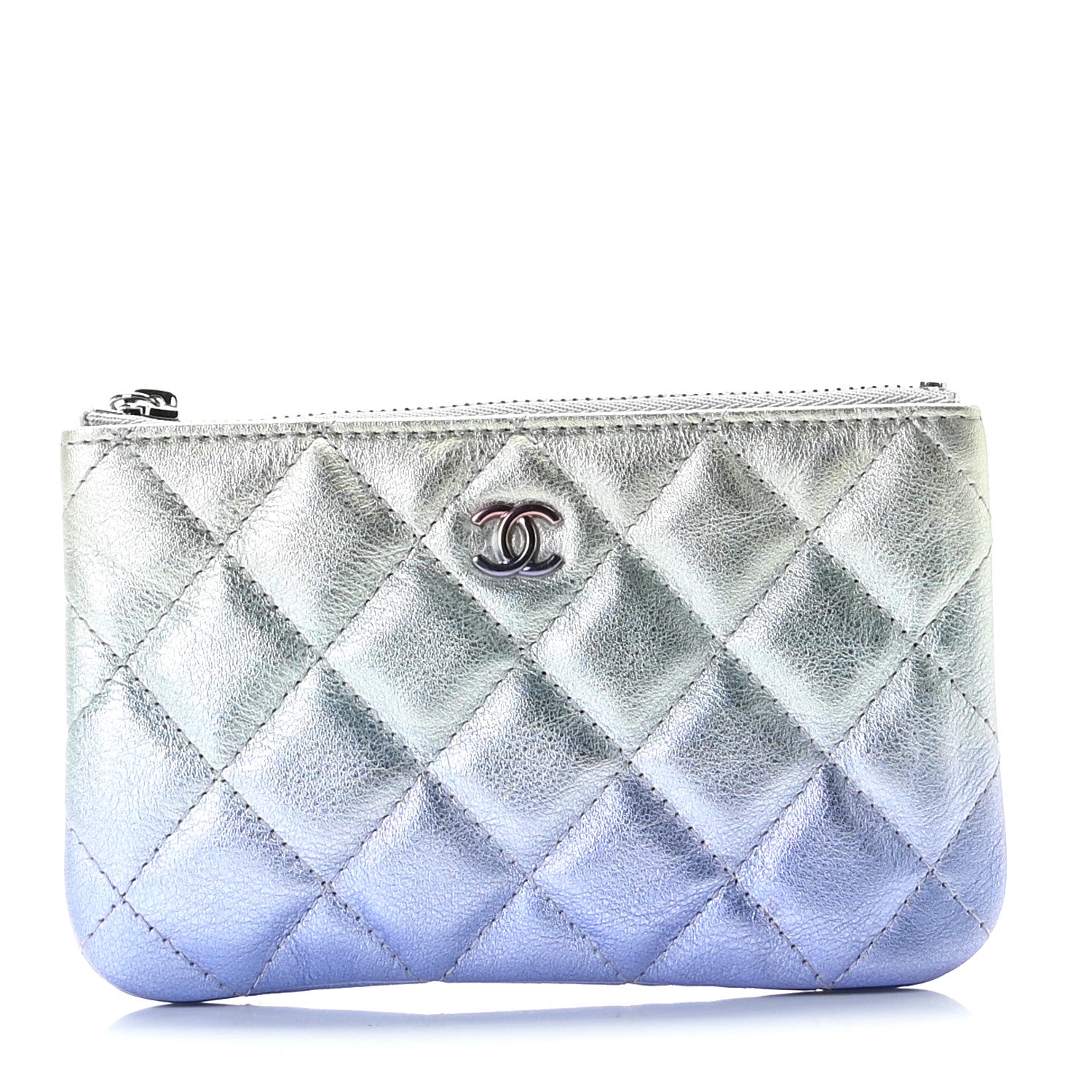 Chanel Gradient Metallic Calfskin Quilted Small Cosmetic Pouch Silver Blue Yellow Purple 1 of 10