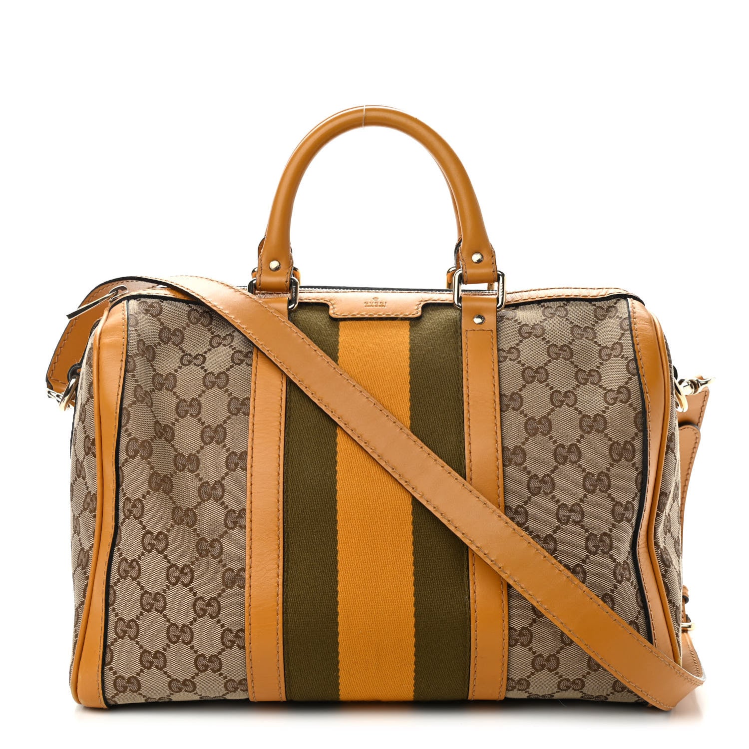 Gucci Monogram Selleria Calfskin Vintage Web Medium Boston Beige Ebony Yellow 1 of 14