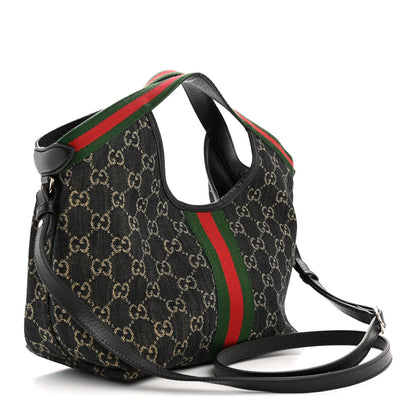 Gucci Denim GG Monogram Web Small Giglio Tote Black Ivory 4 of 10