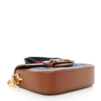 Gucci New Denim GG Monogram Dollar Calfskin Web Mini Horsebit 1955 Shoulder Bag Blue Tea Cuir Epilog 4 of 12