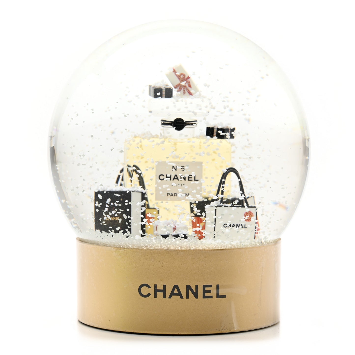 Glass N°5 Perfume Bottle Snow Globe Gold