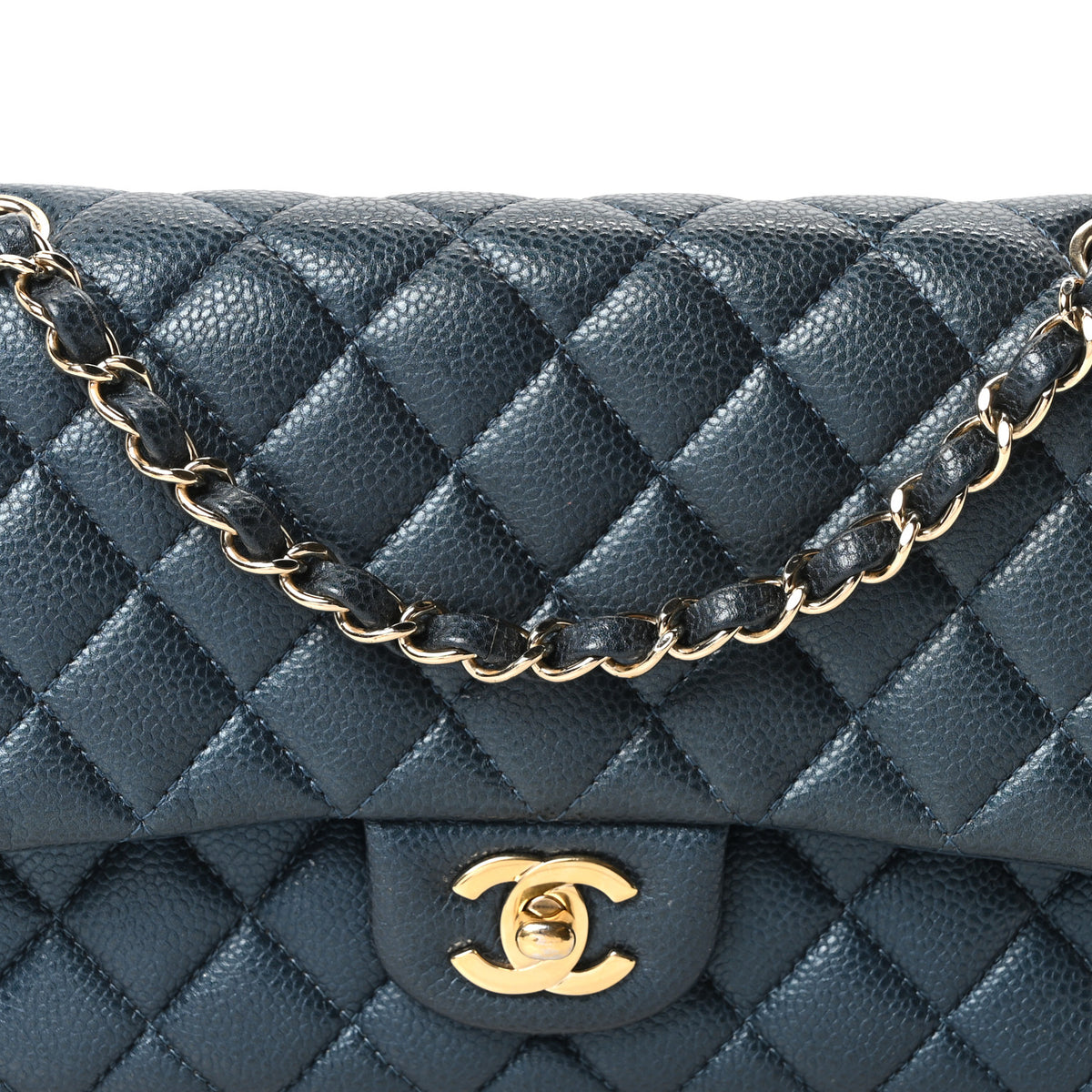 Metallic Caviar Quilted Medium Double Flap Dark Blue