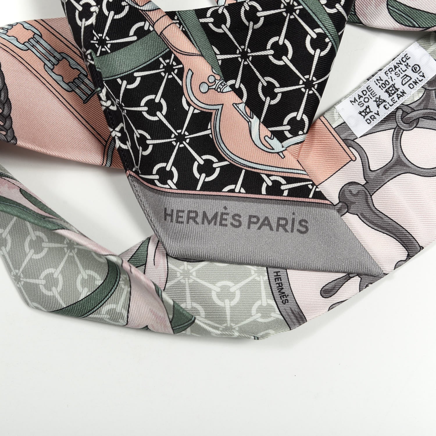Hermes Silk La Promenade Du Matin Twilly Black Rose Poudre Celadon 4 of 4