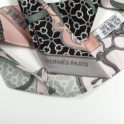 Hermes Silk La Promenade Du Matin Twilly Black Rose Poudre Celadon 4 of 4