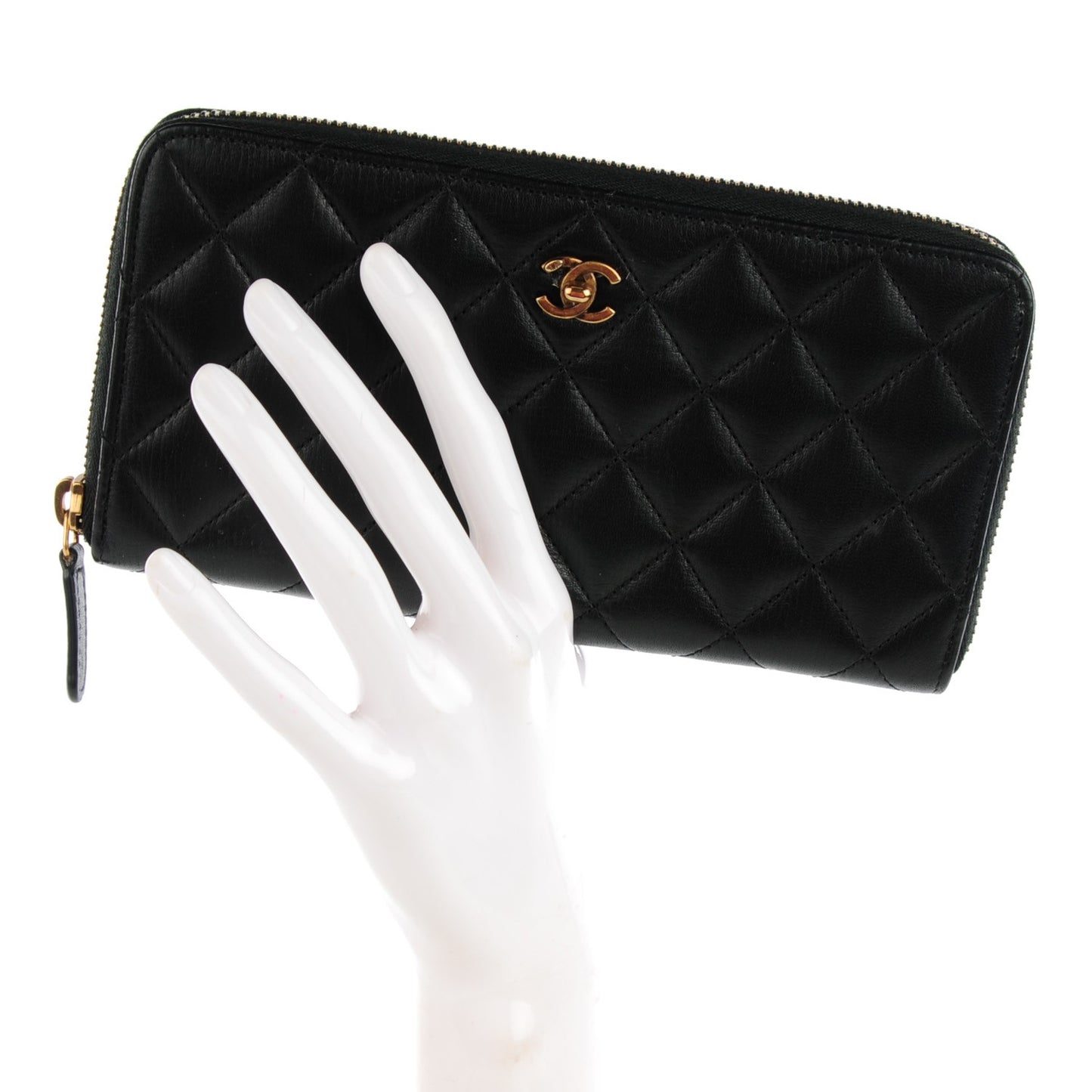 Textured Lambskin Quilted Large Gusset Zip Around Wallet Black