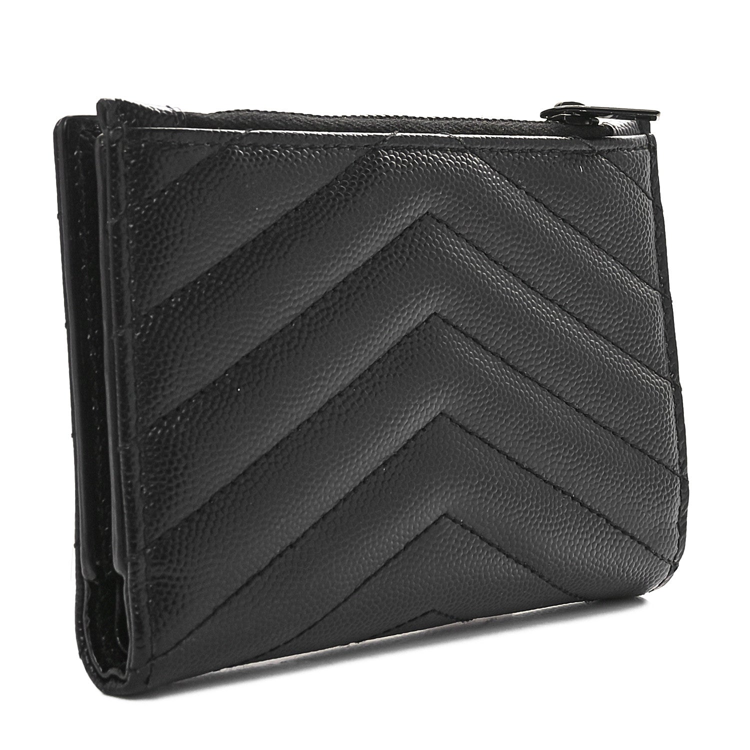 Saint Laurent Grain De Poudre Matelasse Chevron Monogram Monochrome Zipped Two-Part Wallet Black 3 of 9