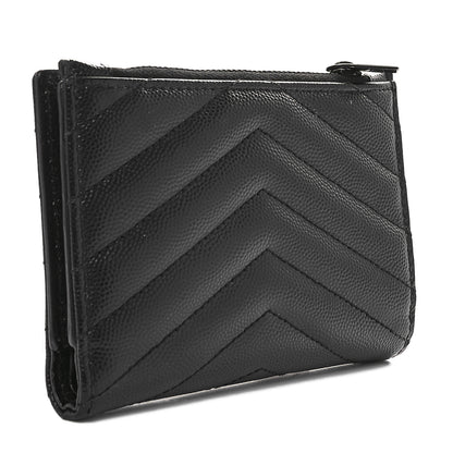 Saint Laurent Grain De Poudre Matelasse Chevron Monogram Monochrome Zipped Two-Part Wallet Black 3 of 9
