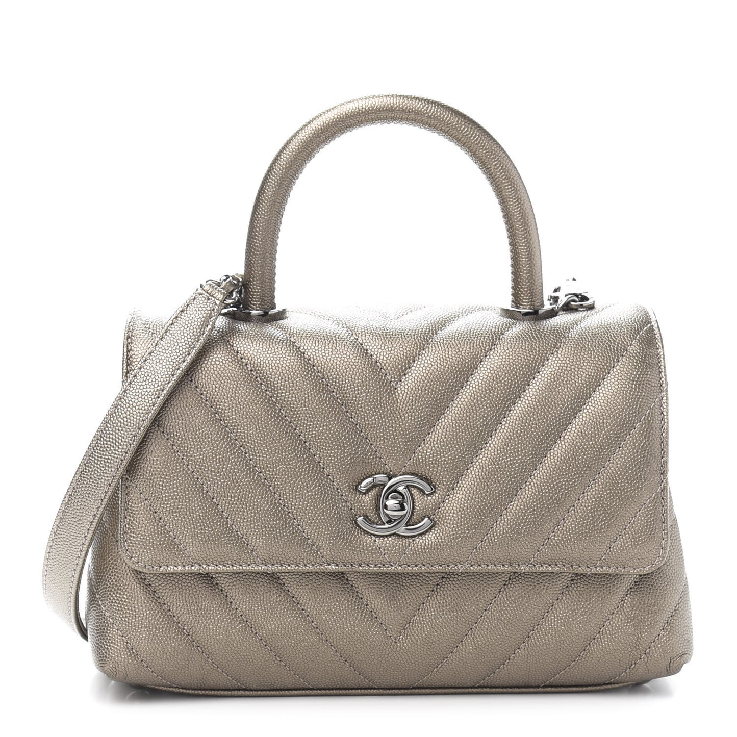 Metallic Caviar Chevron Quilted Mini Coco Handle Flap Light Gold