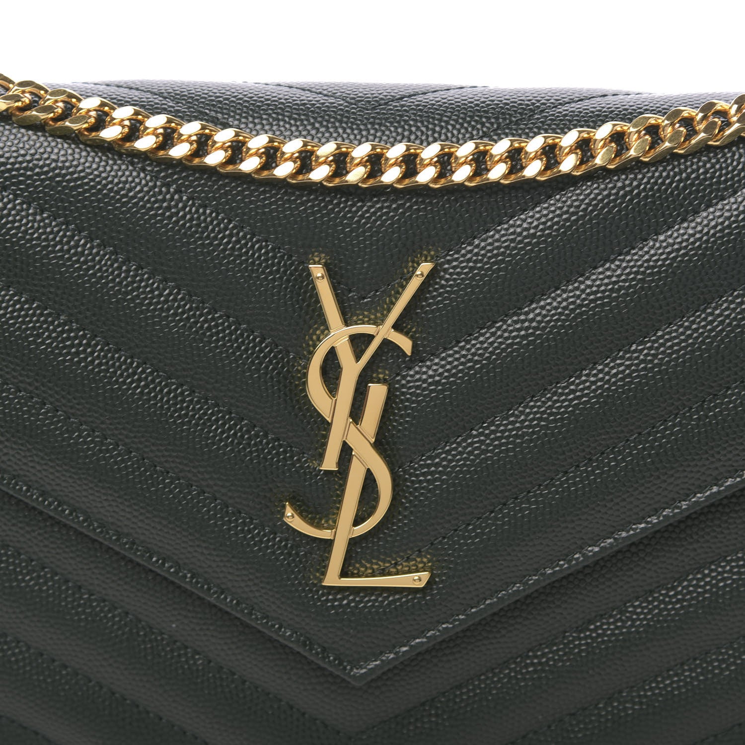 Saint Laurent Grain De Poudre Matelasse Chevron Monogram Chain Wallet Dark Green 9 of 10