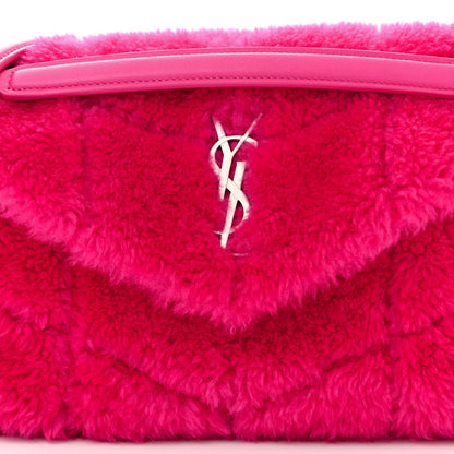 Saint Laurent Merino Shearling Lambskin Quilted Small Loulou Puffer Monogram Chain Satchel Fuchsia 8 of 10