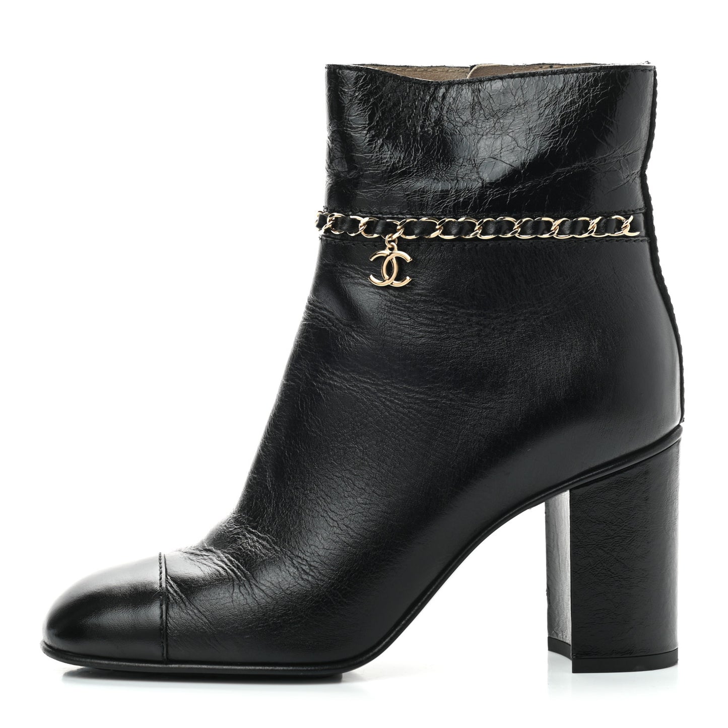 Crumpled Calfskin Cap Toe Chain Short Boots 37.5 Black