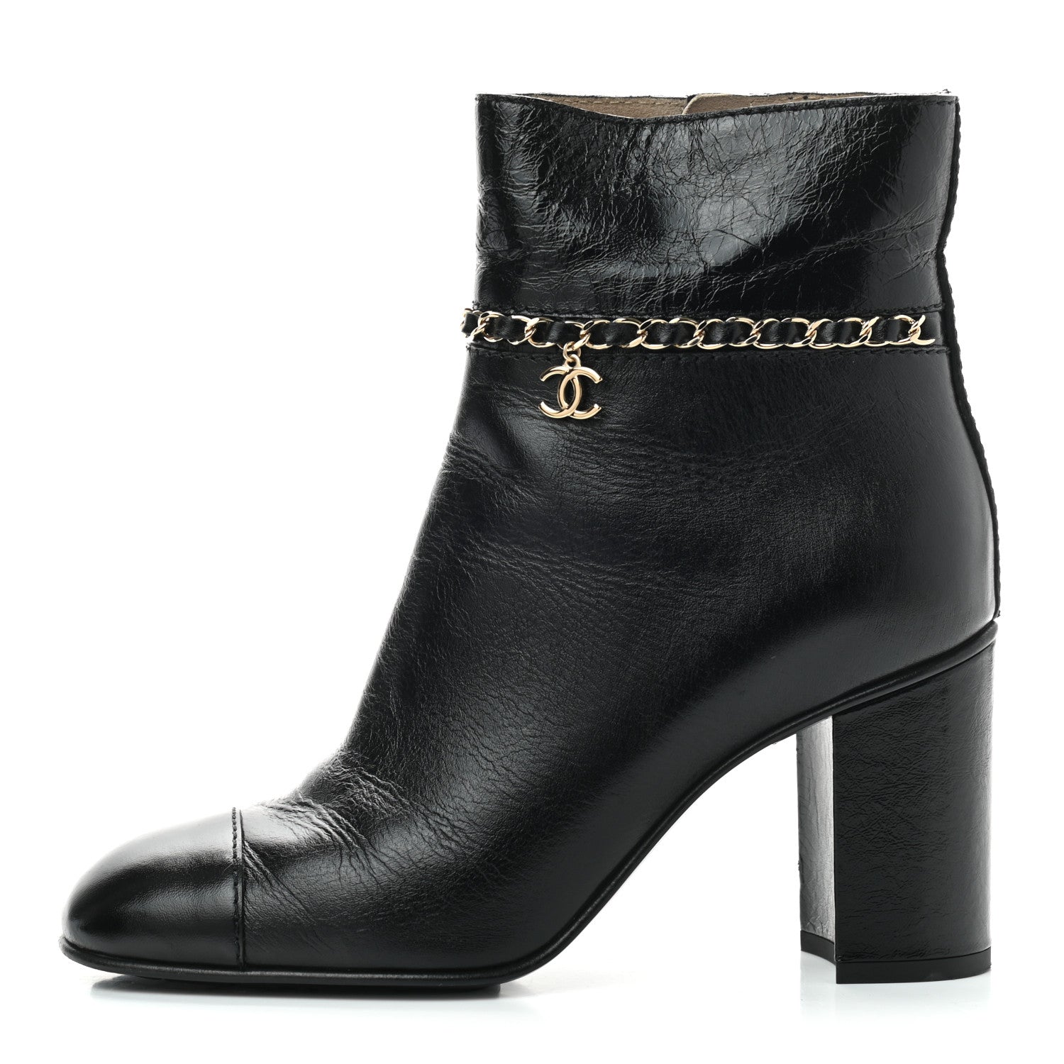 Chanel Crumpled Calfskin Cap Toe Chain Short Boots 37.5 Black 1 of 6