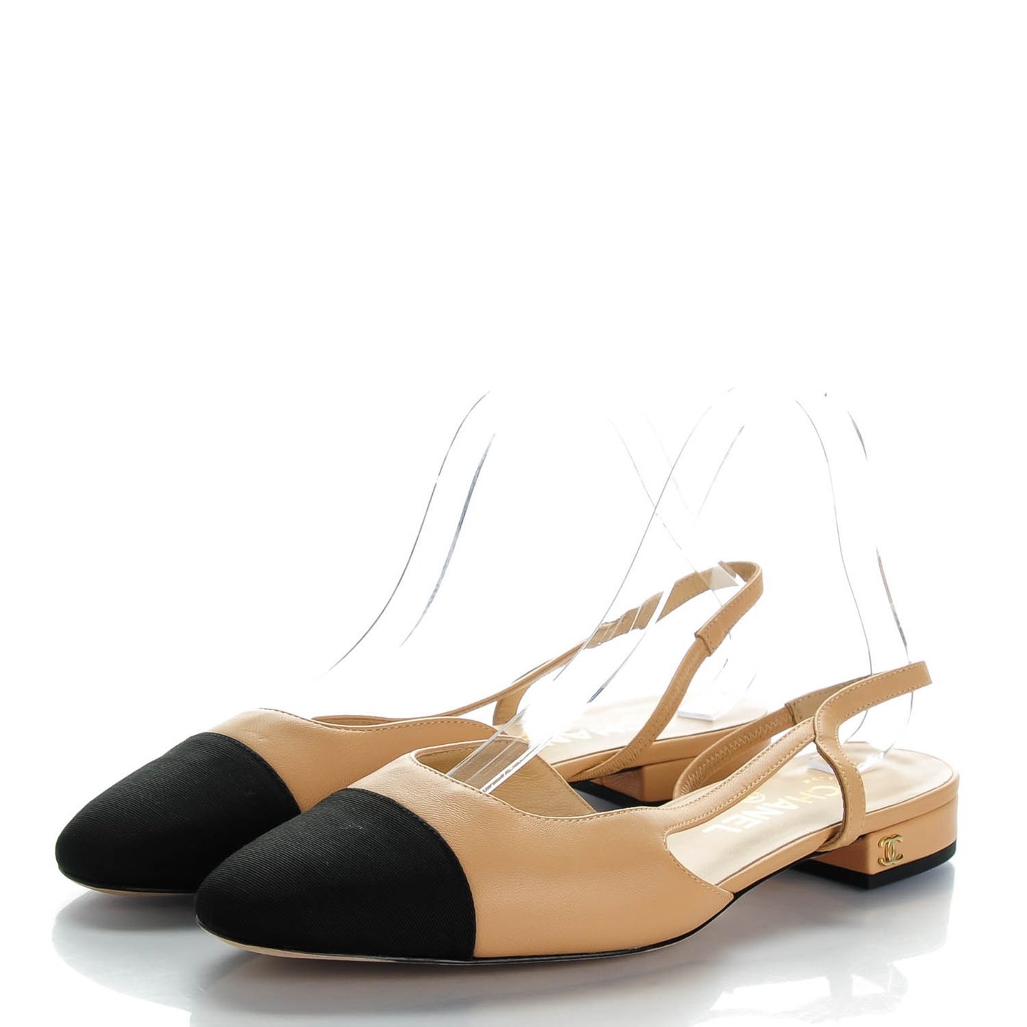 Lambskin Grosgrain Cap Toe CC Slingback Sandals 38 Beige