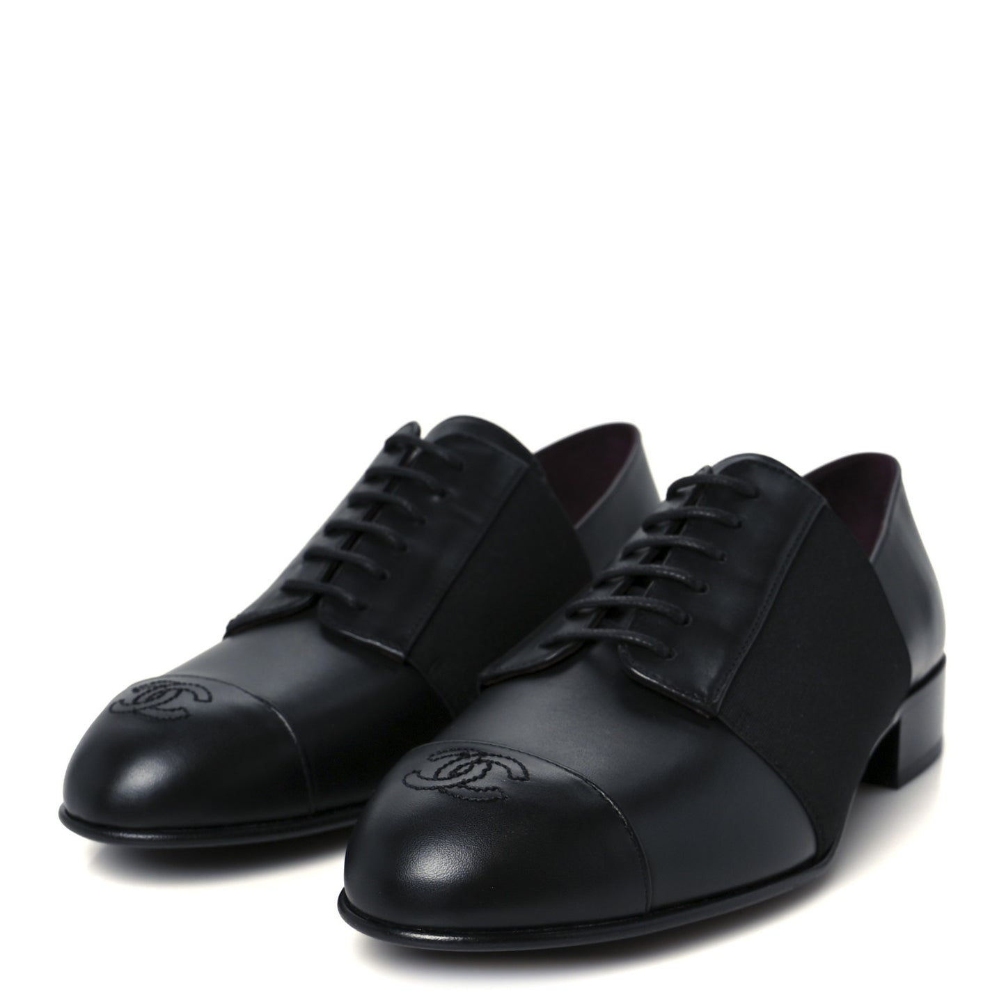 Calfskin Elastic Lace Up Cap Toe CC Loafers 38 Black