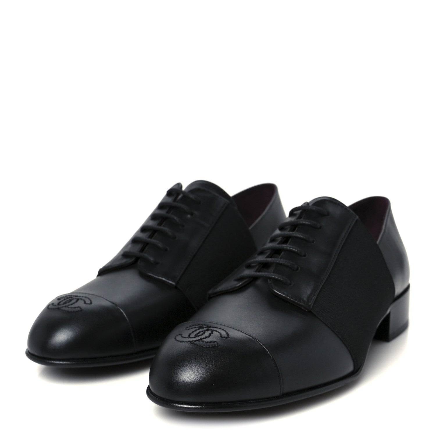 Chanel Calfskin Elastic Lace Up Cap Toe CC Loafers 38 Black 4 of 9