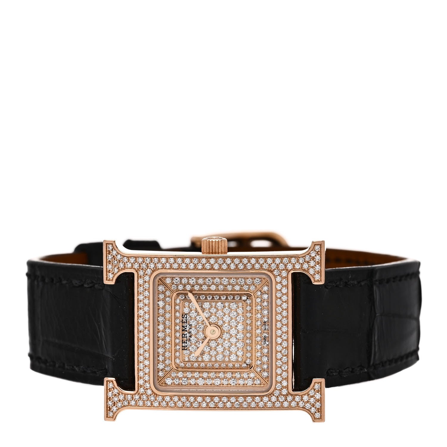 Hermes 18K Rose Gold Alligator Diamond Pave 21mm Heure H Hour Quartz Watch Noir 2 of 5