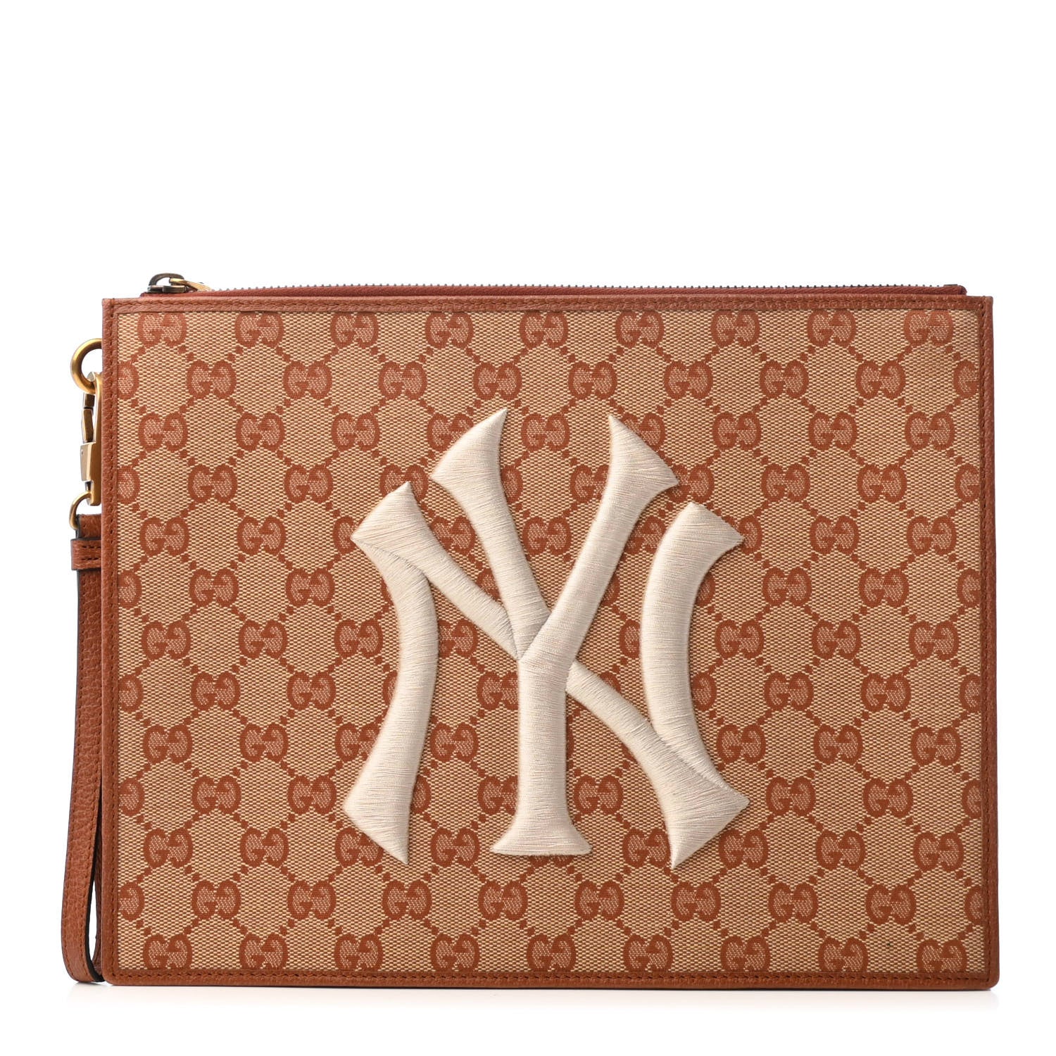 Gucci X MLB GG Monogram NY Yankees Zip Wristlet Pouch Beige Ruggine Ivory 1 of 11