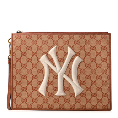 Gucci X MLB GG Monogram NY Yankees Zip Wristlet Pouch Beige Ruggine Ivory 1 of 11