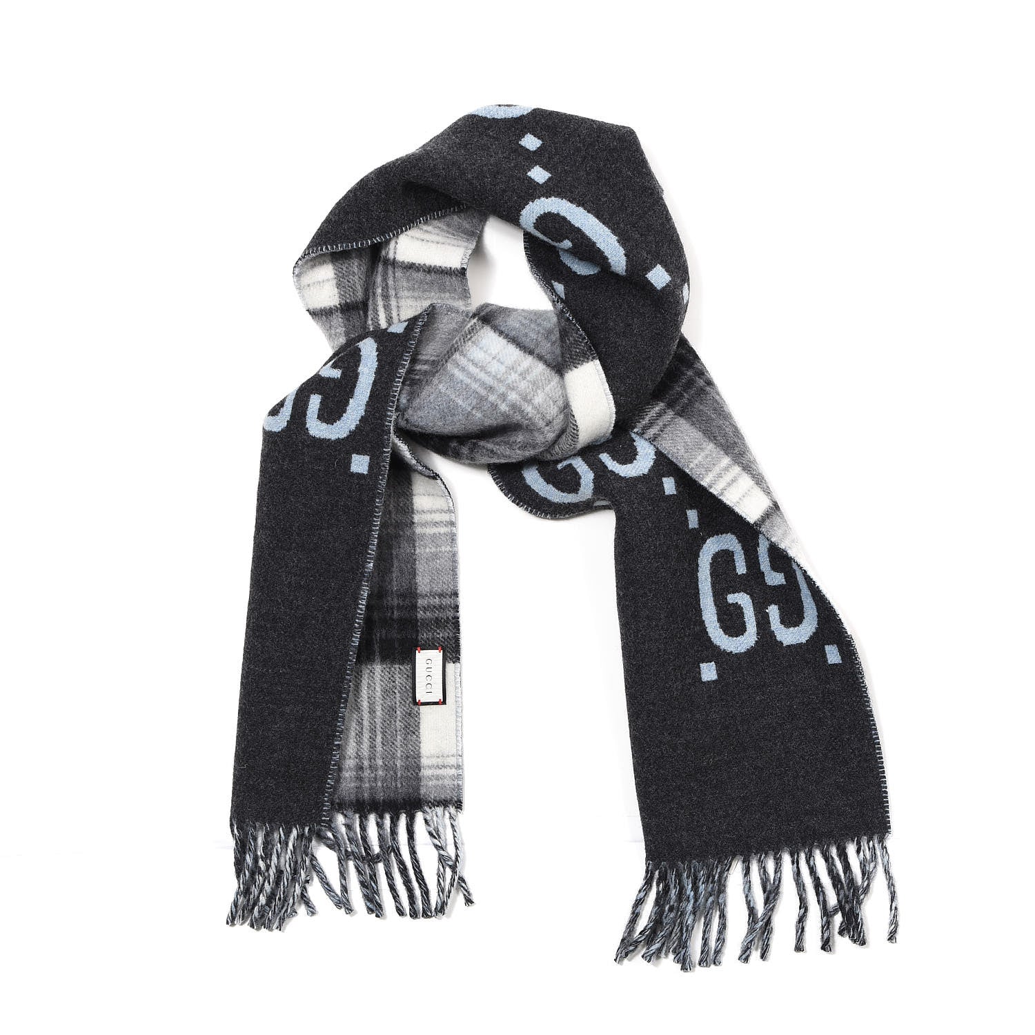 Gucci Wool GG Monogram Plaid Tartan Free Scarf Grey 1 of 4
