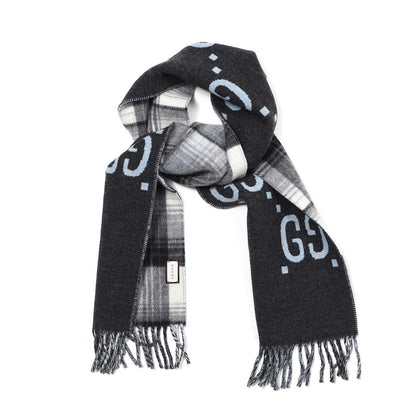 Gucci Wool GG Monogram Plaid Tartan Free Scarf Grey 1 of 4