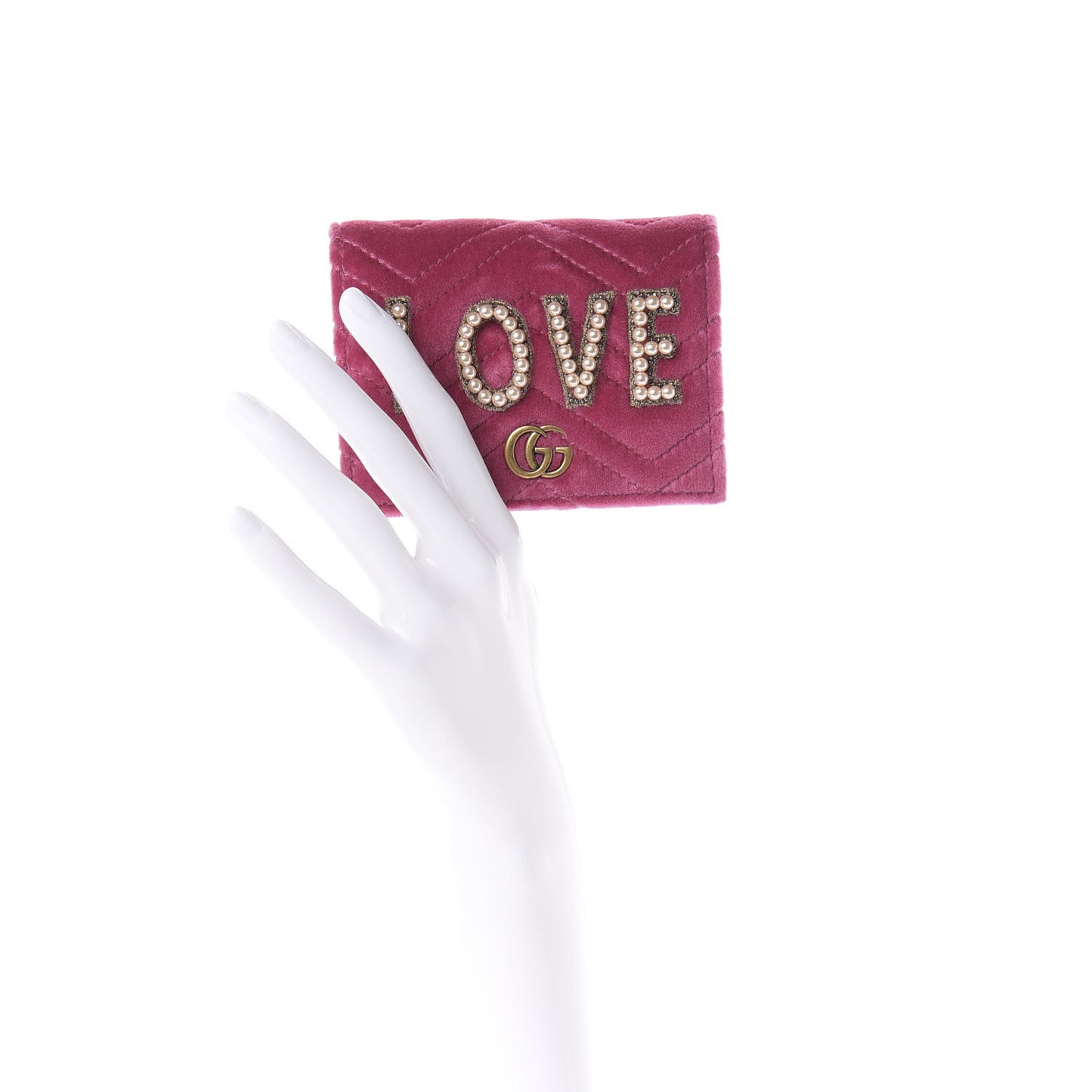 Velvet Matelasse Pearl Love Embroidered GG Marmont Card Case Wallet Light Raspberry Rose
