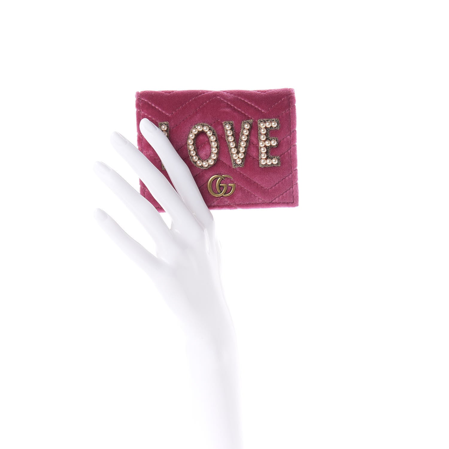 Gucci Velvet Matelasse Pearl Love Embroidered GG Marmont Card Case Wallet Light Raspberry Rose 2 of 9