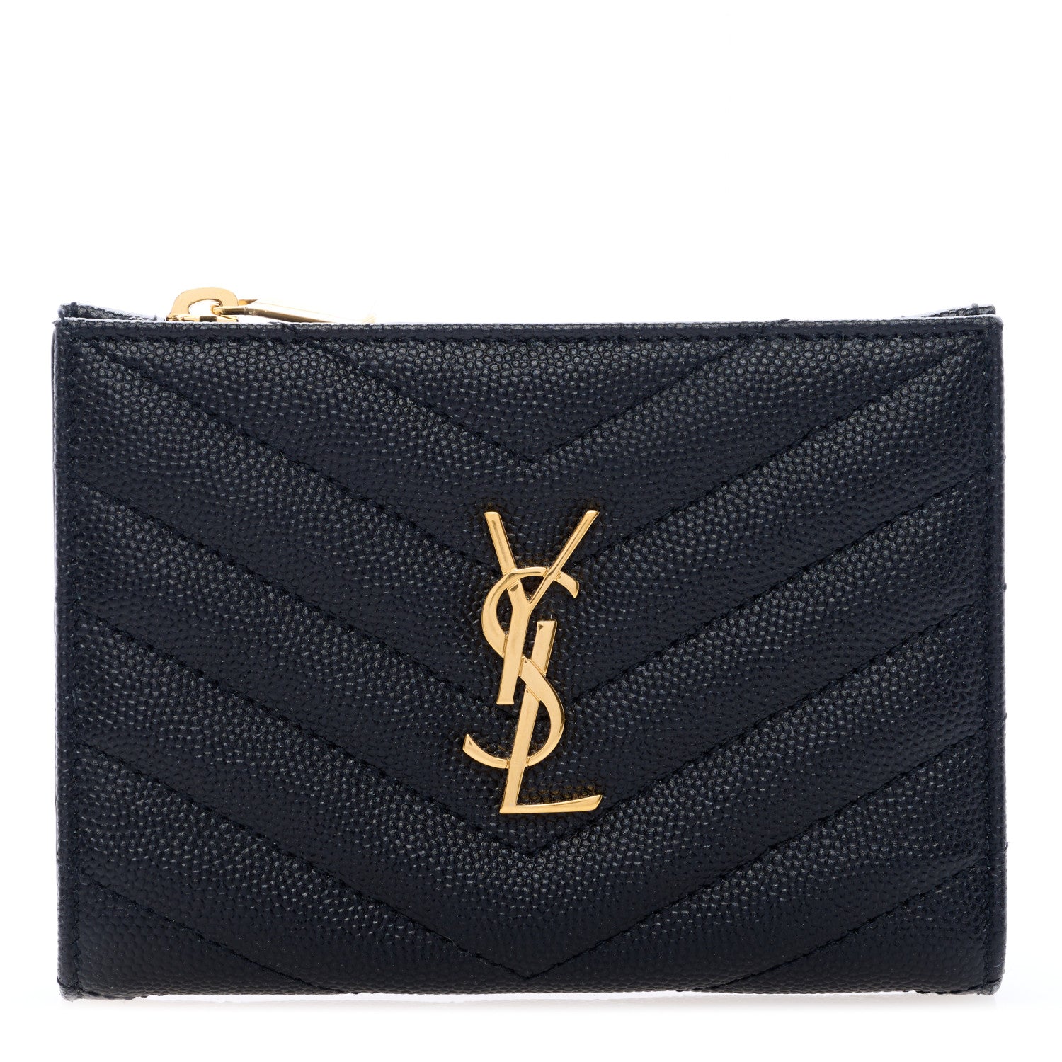 Saint Laurent Grain De Poudre Matelasse Chevron Monogram Zipped Two-Part Wallet Black 1 of 6
