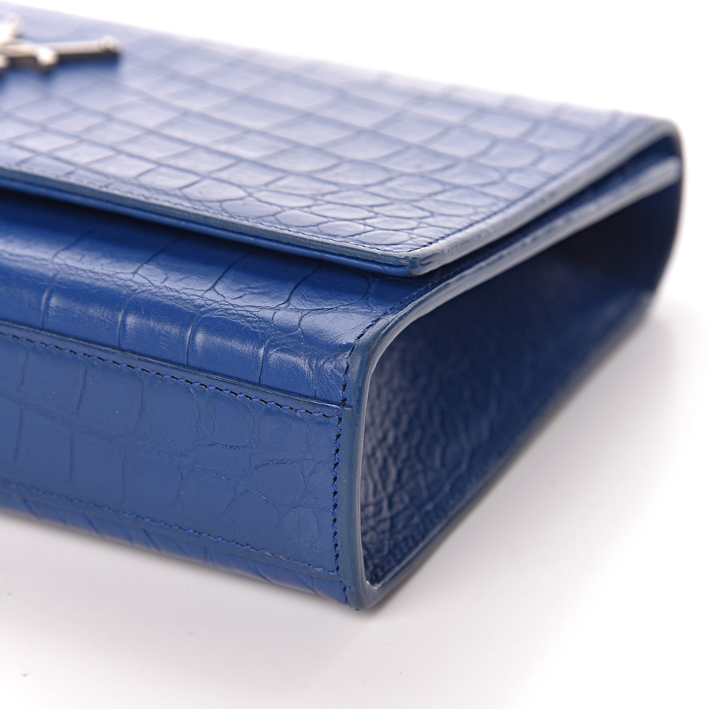Calfskin Crocodile Embossed Medium Classic Monogram Kate Tassel Satchel Bleu Majorelle