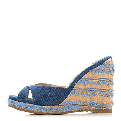 Jimmy Choo Denim Fringed Raffia Almer 105 Wedge Sandals 36 Navy 1 of 10