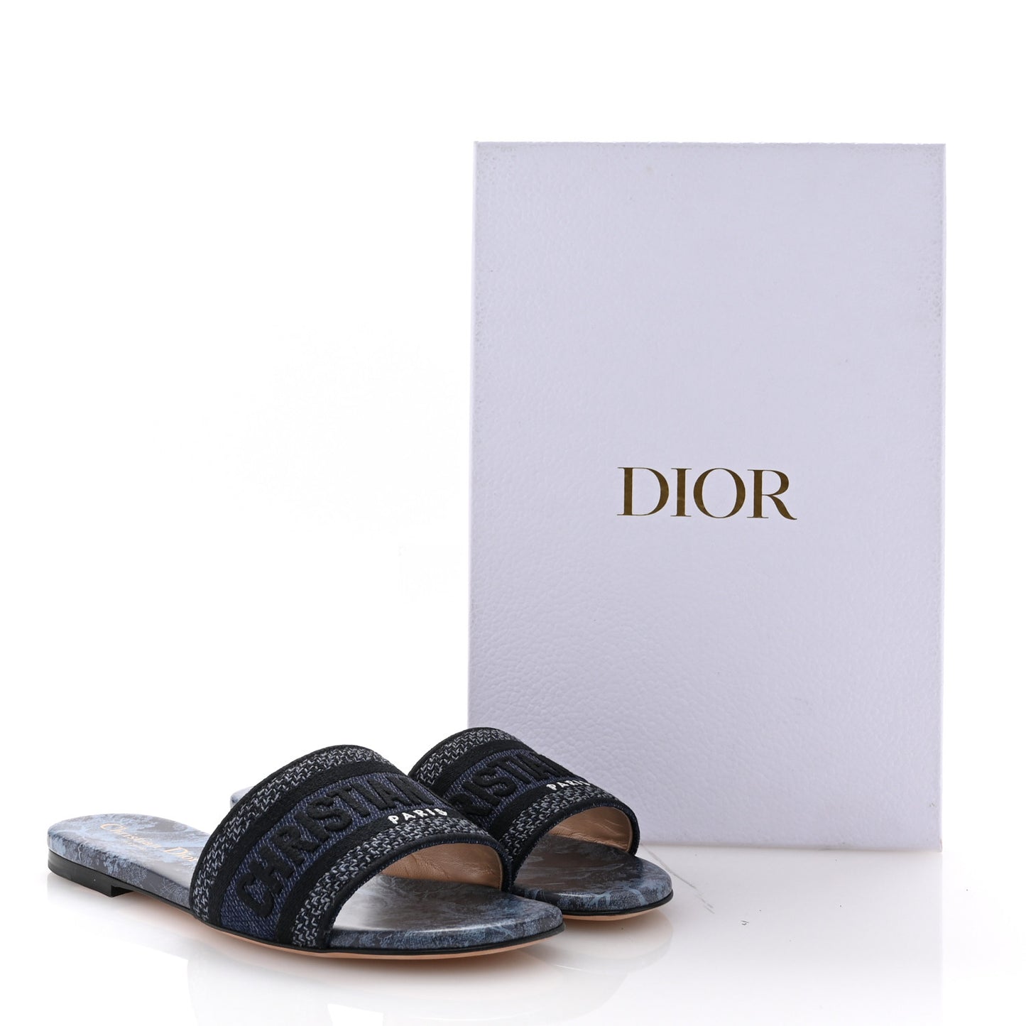 Canvas Dior Embroidered Dway Flat Slide Sandals 36 Navy Blue