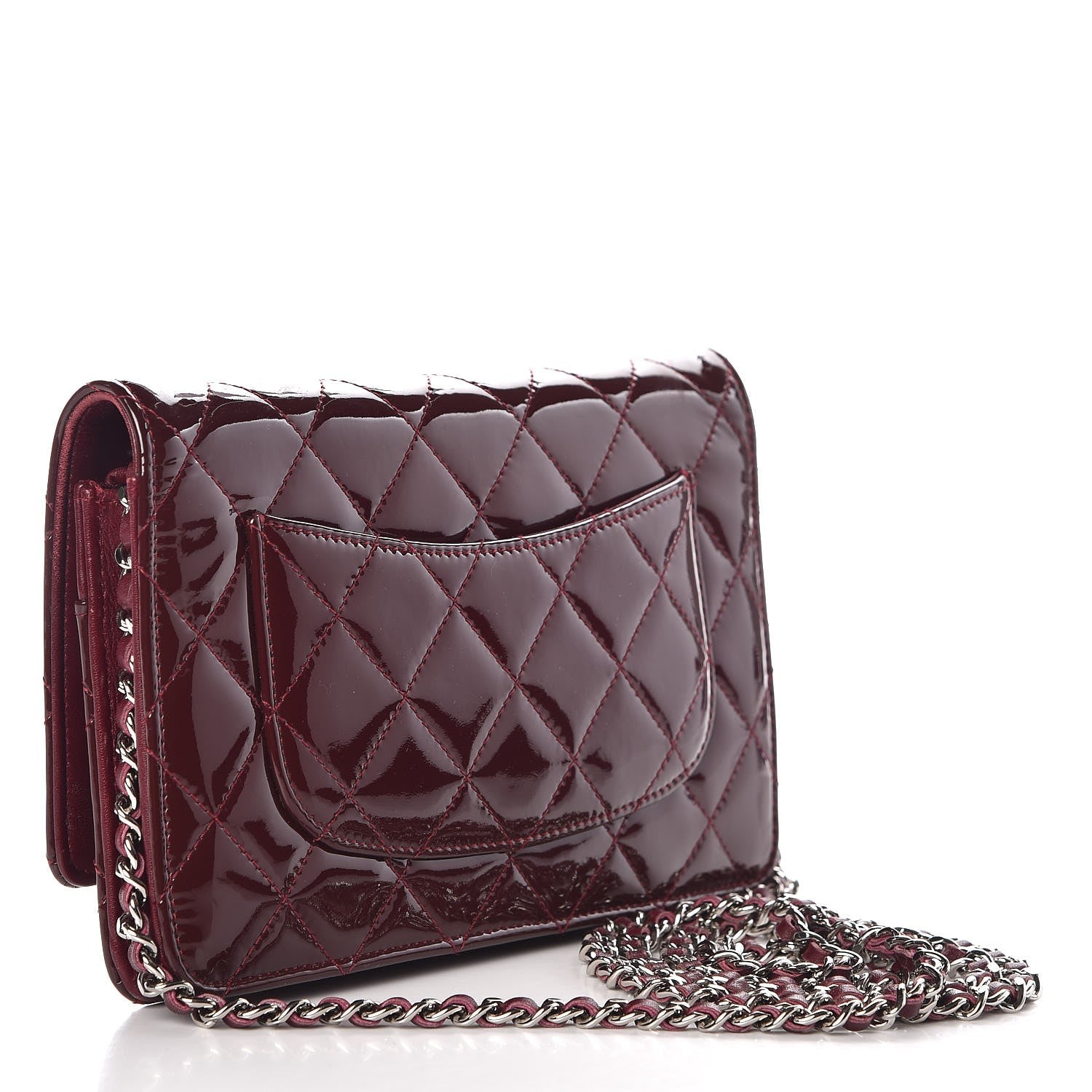 Chanel Patent Quilted Wallet On Chain WOC Burgundy 3 of 9