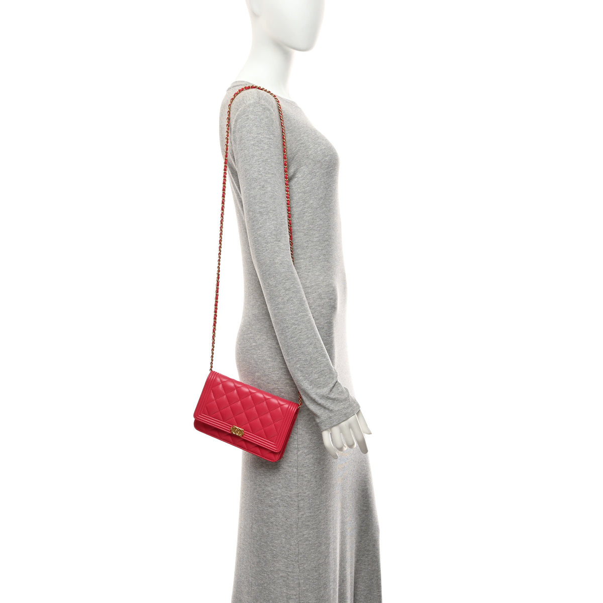 Lambskin Quilted Boy Wallet On Chain WOC Dark Pink