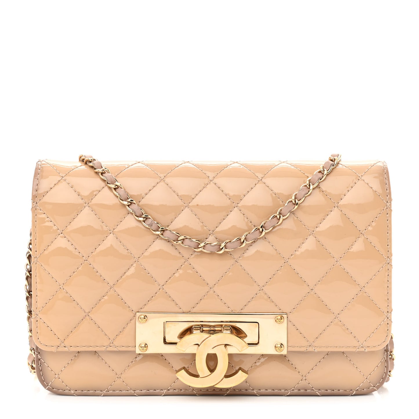 Patent Quilted Golden Class Wallet on Chain WOC Light Beige