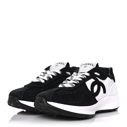 Chanel Fabric Suede Kidskin CC Sneakers 37.5 Dark Navy White 3 of 9