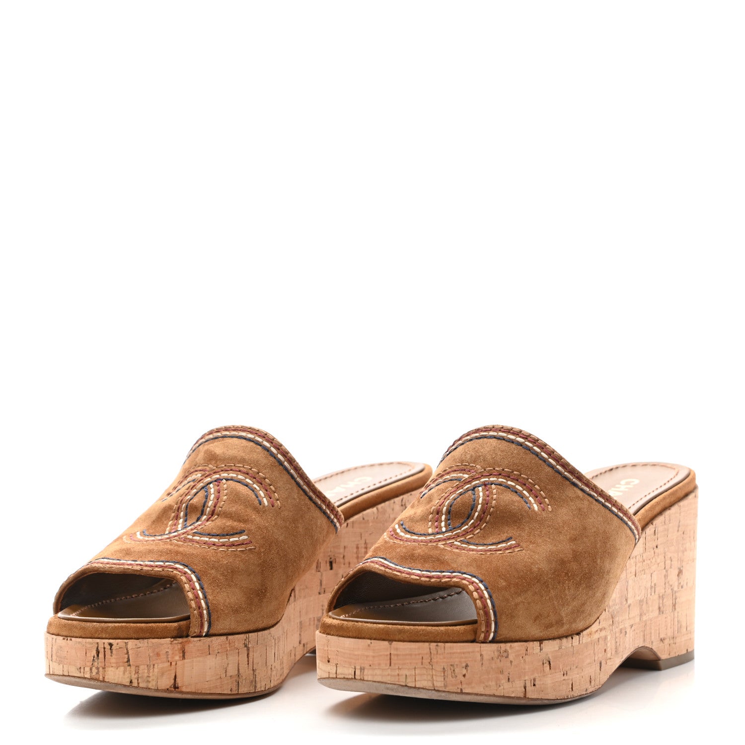Chanel Suede Calfskin Cork CC Wedge Sandal 39.5 Brown 3 of 8