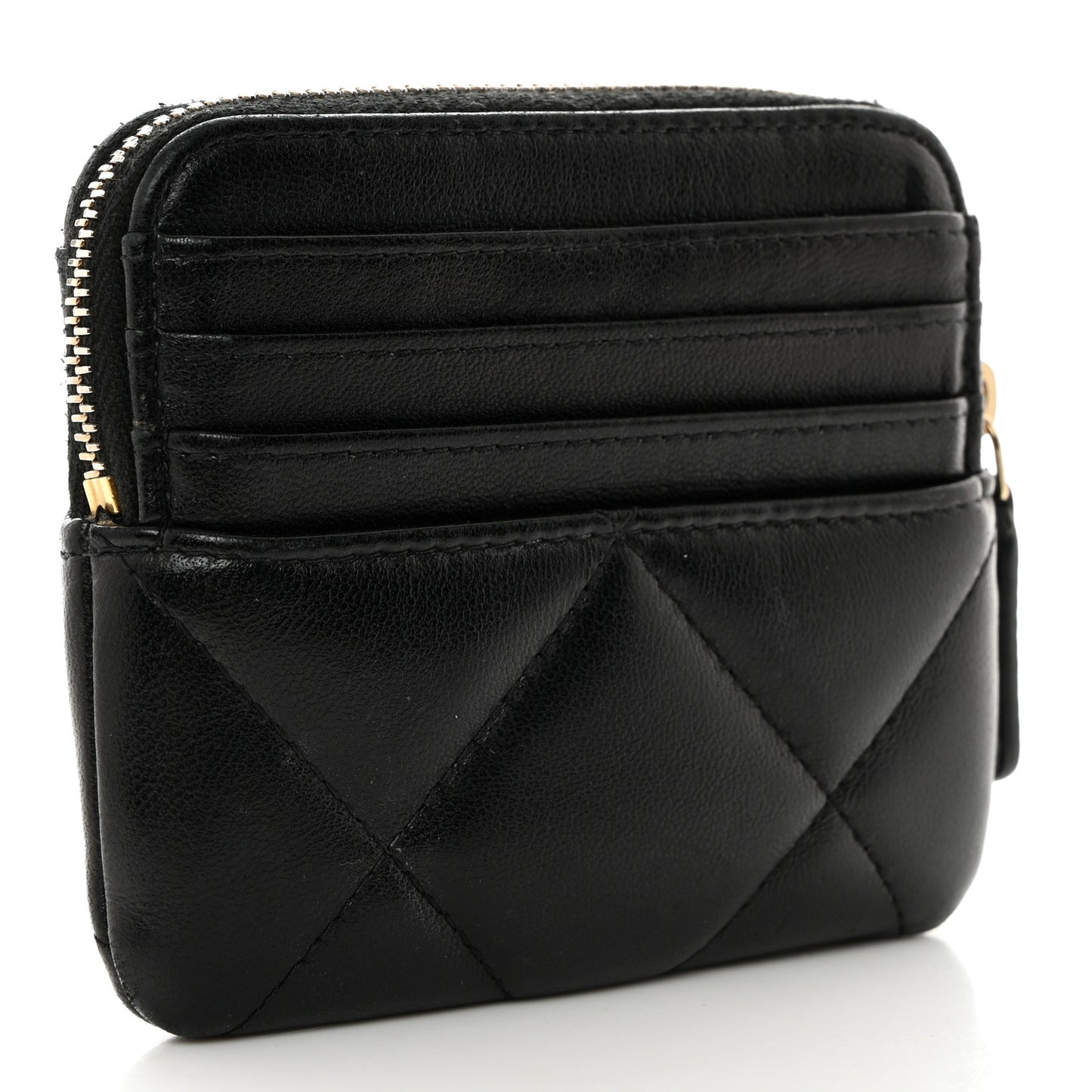 Lambskin Quilted Chanel 19 Zip Card Holder Wallet Black